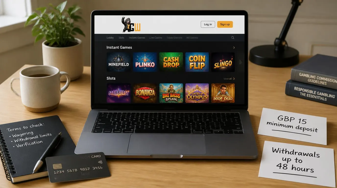Laptop with casino game tiles beside a GBP 15 deposit note and an up to 48 hours withdrawal note